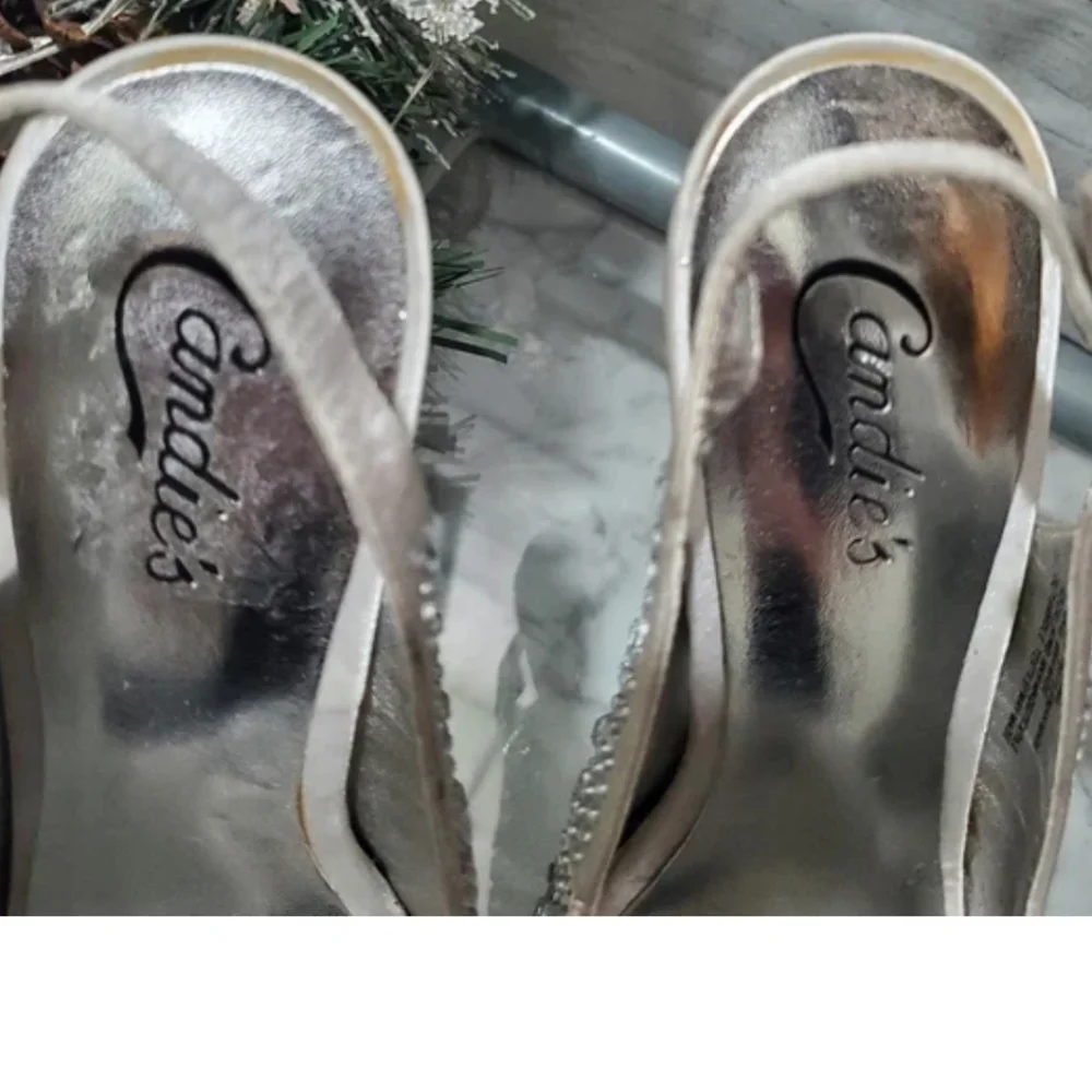 Candie's Rhinestones Embellished Open Toe Sling Back Stilletoes Silver 8.5M